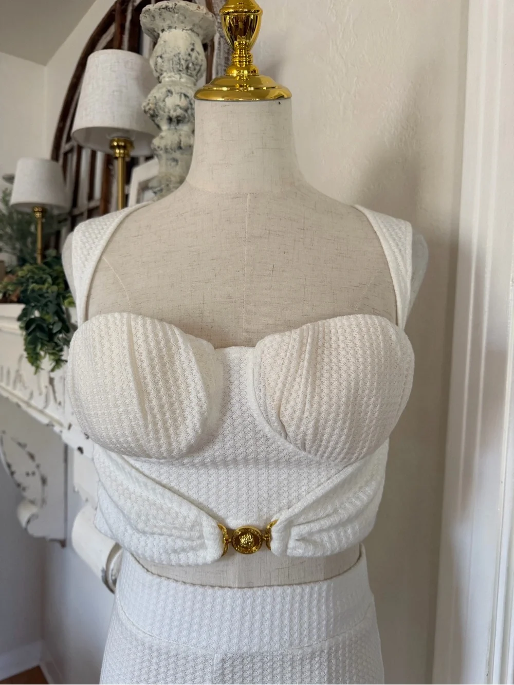 Chic White Waffle Knit Textured Wide-Leg Knit Pants and Cropped Top